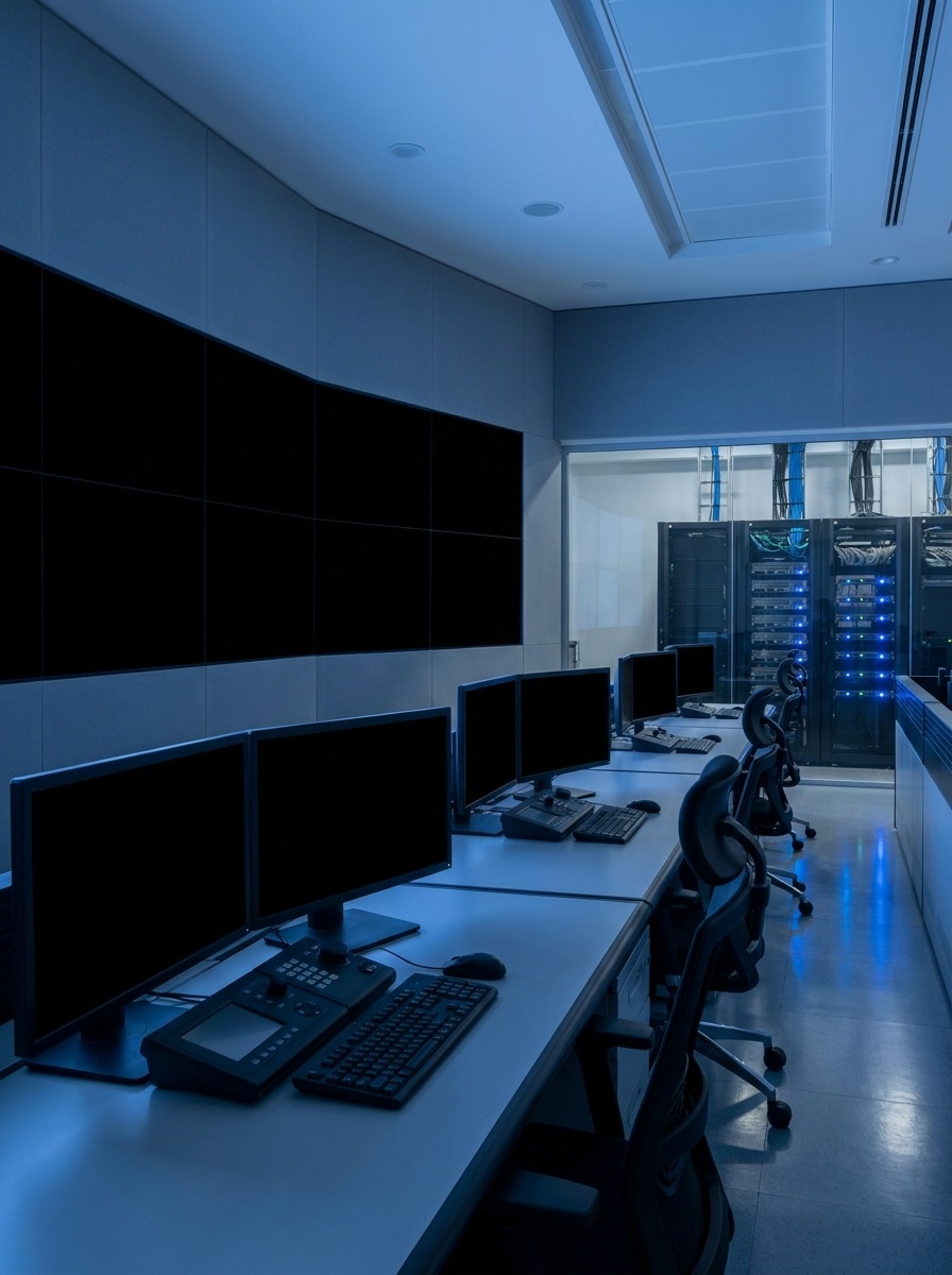 A modern control room with multiple computer monitors, keyboards, and a large video wall, set against a backdrop of server racks in a data center.. User descrip